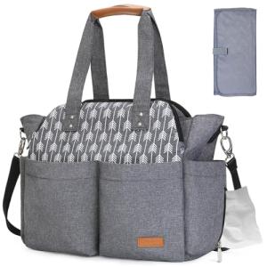 Lekebaby Diaper Bag Tote, 17 Pockets Large Travel Diaper Tote Waterproof with Portable Changing Pad, Mom Crossbody Hospital Bag for Labor Delivery, Baby Essentials for Newborn Gifts, Grey