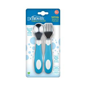 Dr. Brown's Soft-Grip Spoon and Fork Utensil Set, Safe Silverware for Toddlers, Blue, 12m+ – 2-pack