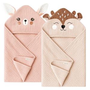 Konssy 2-Pack Muslin Baby Hooded Towels, 100% Cotton, Soft and Absorbent Baby Bath Towels for Newborn, Infant & Toddler with Animal Hooded Design(Bunny & Deer)