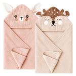 Konssy 2-Pack Muslin Baby Hooded Towels, 100% Cotton, Soft and Absorbent Baby Bath Towels for Newborn, Infant & Toddler with Animal Hooded Design(Bunny & Deer)