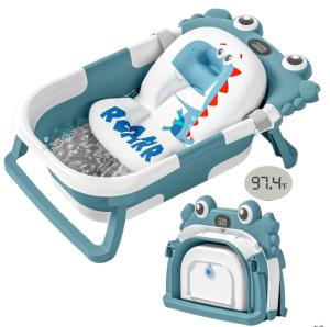 Collapsible Baby Bathtub for Newborns with Thermometer and Soft Floating Cushion Portable and Foldable Travel Baby Bath Tub for Infants to Toddler 0-36 Month (Blue)