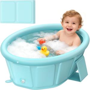 Baby Bathtub with Inflatable Top Edge, Extra Stable Infant Bath Tub, Collapsible & Portable for Baby Bath Time, No Tilt Design for 12M-6Y Newborn to Toddler, No Assembly for Travel Shower