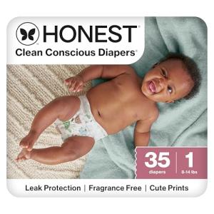 The Honest Company Clean Conscious Diapers for Sensitive Skin, Up to 100% Leakproof, Hypoallergenic, Fragrance Free, Turtle Time, Polybag, Size 1 (8-14 lbs), 35 Count
