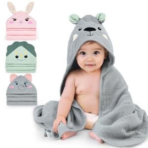FIOBEE Hooded Baby Towels 100% Muslin Baby Bath Towels for Newborn with Animal Design Ultra-Soft and Absorbent Bath Essentials for Toddler, Unisex Girls Boys 30 x 30 inch, Gray Bear