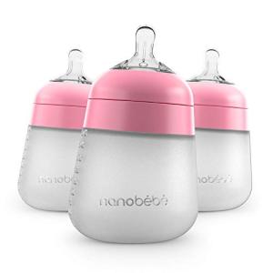 Nanobebe Flexy Silicone Baby Bottle, Anti-Colic, Natural Feel, Non-Collapsing Nipple, Non-Tip Stable Base, Easy to Clean, 3-Pack, Pink, 9oz
