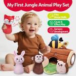 CuteZone Baby Toys 6-12 Months - Soft Plush Jungle Stuffed Animal Sensory Set with Rattle, Squeaker & Mirror, Montessori Cause & Effect Toys, Easter Gifts Easter Basket Stuffers for Baby Boys Girls
