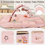 5-in-1 Plush Baby Play Gym & Activity Mat, Baby Play Mats, Baby Gym with Convertible Design, Tummy Time Mat with Pillow, 6 Sensory Toys for Newborn to Toddler, Pink