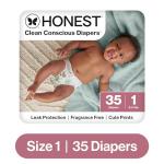The Honest Company Clean Conscious Diapers for Sensitive Skin, Up to 100% Leakproof, Hypoallergenic, Fragrance Free, Turtle Time, Polybag, Size 1 (8-14 lbs), 35 Count