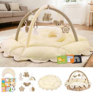 5-in-1 Baby Activity Gym & Play Mat with 6 Hanging Toys, Tummy Time Pillow & Cards - Extra Large, Reversible Machine Washable Pad - Gift for Newborns, Infants 0-12 Months, Cream