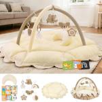 5-in-1 Baby Activity Gym & Play Mat with 6 Hanging Toys, Tummy Time Pillow & Cards - Extra Large, Reversible Machine Washable Pad - Gift for Newborns, Infants 0-12 Months, Cream