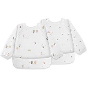 Susurration Baby Bibs with Sleeves for Eating, 2 Pack Reusable Waterproof Bibs Toddler Bibs with Sleeves, 6-36 Months Baby Feeding Essentials - Grey Moon