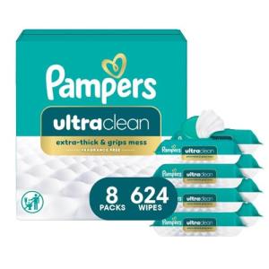 Pampers Ultra Clean Baby Wipes (Previously 'Free & Gentle'), 99% Water, Hypoallergenic, Unscented, 100% Plant Based, Plastic-Free, 624 Baby Wipes Total (8X Flip-Top Packs) [Packaging May Vary]