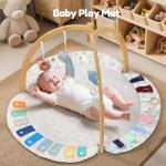 EXIN DECHEN Baby Play Gym & Activity Mat,Natural Organic Bamboo Frame with 4 Detachable Sensory Toys,Tummy Time Mat,Play Mat for Babies 0-6 Months,Newborn Play Mat,Baby Essentials Gifts