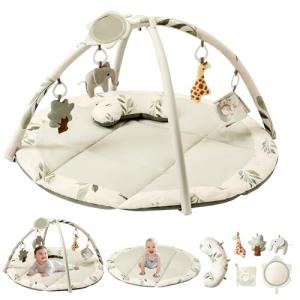 Fortella Baby Play Gym & Activity Mat, Machine Washable & Foldable Tummy Time Mat with 5 Detachable Toys, Certified Safe Newborn Essentials Gift for Baby Registry 0-12 Months (Sage Green)