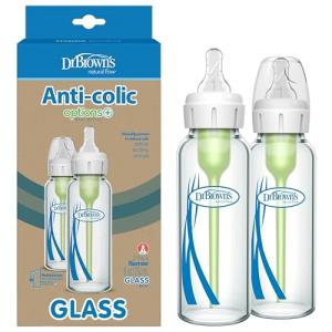 Dr. Brown's Anti-Colic Options+ Narrow Glass Baby Bottle with Level 1 Slow Flow Nipple, BPA-Free, 8 oz/250 mL, 0m+, 2-Pack (Packaging May Vary)