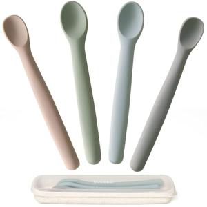 Moonkie Silicone Baby Spoons Set of 4, Toddler Spoons for Self Feeding 6 Months, Two Sizes Feeding Spoons for First Stage 4+ Months, Infant, Baby Utensils with Case, Bendable, Chewproof & Boil-proof
