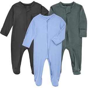 Aablexema Baby Pajamas Bamboo Rayon Zipper, 3pcs Unisex Infant Outfit with Mitten One Piece Footie Sleepwear(Dark Grey & Olive & Blue,0-3m)