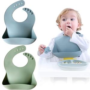 Moonkie Silicone Baby Bibs Set of 2, BPA Free Waterproof Baby Bibs for Eating, Soft Adjustable Silicone Bibs for Babies 6-12 Months, Toddler Bibs with Large Pocket Food Catcher (Ether/Sage)