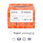 Pura Hypoallergenic Diapers, Size 1 (4-11 lbs), Newborn, Totally Chlorine Free, Wetness Indicator, Suitable for Sensitive Skin, Soft Organic Cotton Comfort, Overnight, 1 Pack of 32 Baby Diapers