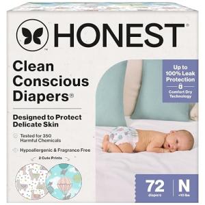The Honest Company Comfort Dry Disposable Diapers for Sensitive Skin, Hypoallergenic, Above It All + All The Alpacas, Club Box Size Newborn 72 Count
