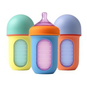 Boon Nursh Bottles - Silicone Baby Bottles Help Ease Colic Symptoms - Reusable Food-Grade Silicone Pouches with Polypropylene Shell - Medium Flow - 8 Oz - Color Block