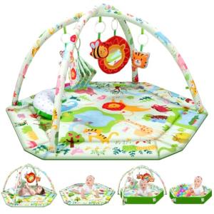 lulunemo Baby Play Mat,Tummy Time Mat with 6 Detachable Toys-Activity Gym for Visual, Auditory & Motor Development-Washable Baby Activity Mat for 0-12 Month Infants(Animal Theme)