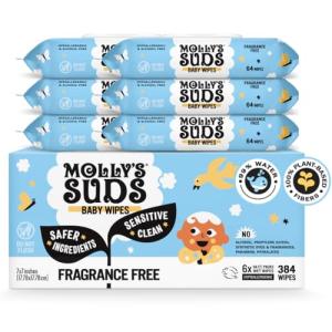 Molly's Suds Sensitive Clean Baby Wipes | 99% Water, Plant-Based, Fragrance Free | 384 Total Wipes (6 Flip-Top Packs)