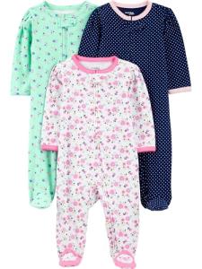 Simple Joys by Carter's Baby Girl's 3-Pack Sleep and Play Sleepwear, pink floral, blue floral, navy dot, 0-3 Months