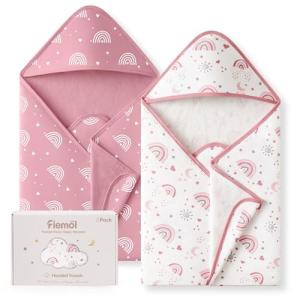 FIEMOL Hooded Baby Towels for Newborn,100% Cotton Baby Bath Towels with Hood for Infant Toddler Girl, 2 Pack 32x32 Inch Soft & Absorbent Knit Terry Bath Essentials Pink Rainbow