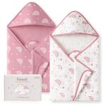 FIEMOL Hooded Baby Towels for Newborn,100% Cotton Baby Bath Towels with Hood for Infant Toddler Girl, 2 Pack 32x32 Inch Soft & Absorbent Knit Terry Bath Essentials Pink Rainbow