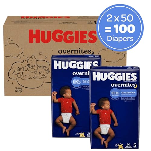 Huggies Size 5 Overnites Baby Diapers: Overnight Diapers, Size 5 (27+ lbs), 100 Ct (2 Packs of 50), Packaging May Vary