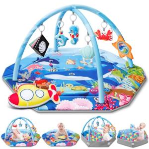 Baby Gym Play Mat, 8-in-1 Ocean Theme Tummy Time Mat & Ball Pit, Washable Baby Activity Play Mat for Visual, Hearing, Sensory, Motor Development, Baby Toys Gift for Toddler Infant 0-3-6-9-12-18 Months