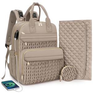 CandyHome Diaper Bag Backpack, Waterproof Stylish Baby Bag with Changing Pad, Large Capacity Travel Essentials Baby Diaper Bag with USB Port, Stroller Straps & Pacifier Case (Khaki)