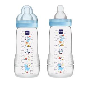 MAM Easy Active Baby Bottle 2 Pack, 11oz, BPA Free, Fast Flow Silicone Nipple, Anti-Slip Grip, Leak-Proof, 4+ Months, Blue Teal