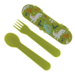 Nuby Toddler Utensils with Travel Case - Self-Feeding Fork & Spoon Set for Kids - Easy-to-Hold Training Utensils with Rounded Safe Edges for Independent Mealtime - Dinosaurs