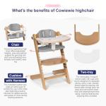 Cowiewie 3-in-1 Convertible Natural Wooden High Chair for Babies & Toddlers 3-Tier Remove & 2 Adjustable Wood Tray & 8 Levels Adjustable, 2 Waterproof Cozy Cushions Grey