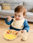 JELLDJK 24 PCS Silicone Baby Feeding Set, Baby Led Weaning Supplies Includes Suction Bowls and Divided Plates, Adjustable Silicone Bib, Spoons&forks, Training cup with straw (Green+Brown+Beige)