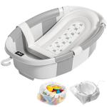 Collapsible Baby Bathtub with Soft Cushion and Thermometer, Newborn to Toddler Tub 0-36 Months with Toy Storage Mesh Bag, Portable Travel Bath for Infants (Grey)