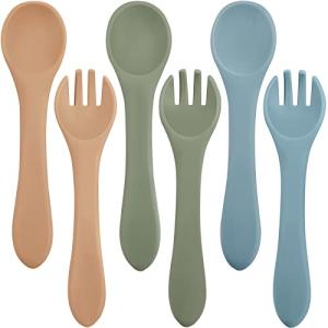 Nuenen 6 Pieces Silicone Baby Feeding Forks and Spoons Set Hot Safety First Stage Self Feeding Supplies Mini Kids Utensils for over 6 Months Babies Boy Girl Toddlers First Foods (Nature Color)