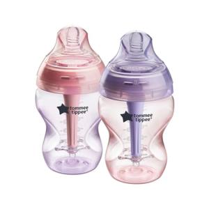 Tommee Tippee Advanced Anti-Colic 9 oz BPA Free Baby Bottles, Newborn 0+ Months, Slow Flow Breast-Like Nipple, Unique Design Keeps Air Away from Milk and Baby, Pink and Purple, Pack of 2