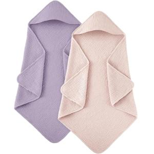 Susurration Hooded Baby Towels for Newborn 2 Pack 100% Muslin Cotton Towel for Babies，Highly Absorbent and Newborn Essential 30x30 Inch Pink&Purple