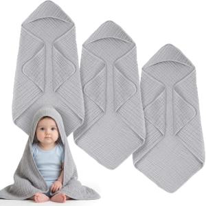 Breling 3 Pcs Muslin Hooded Baby Towels, 32 x 32 Inch Cotton Newborn Bath Towel Muslin Infant Baby Absorbent Blankets Unisex Newborn Registry Gift Essentials for Boys Girls (Light Gray)