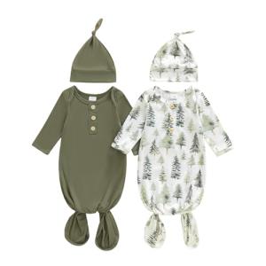 woshilaocai 2 Pack Baby Boy Girl Gown Sleeper Newborn Knotted Nightgown and Hat Set Infant Sleepwear (Pine Tree&Green,0-3 Months)