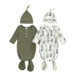 woshilaocai 2 Pack Baby Boy Girl Gown Sleeper Newborn Knotted Nightgown and Hat Set Infant Sleepwear (Pine Tree&Green,0-3 Months)
