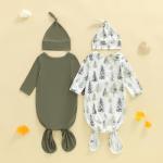 woshilaocai 2 Pack Baby Boy Girl Gown Sleeper Newborn Knotted Nightgown and Hat Set Infant Sleepwear (Pine Tree&Green,0-3 Months)