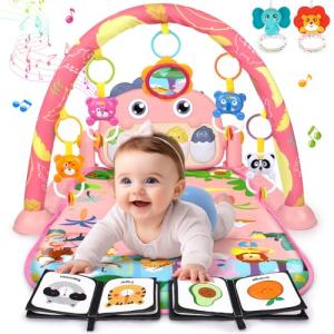 UMIKU Baby Play Mat Baby Tummy Time Mat Infant Newborn Musical Activity Center with High-Contrast Piano Music & Light Newborn Babies Gift for Girl Boy Babies 0-6 6-12 Month Pink Dinosaur