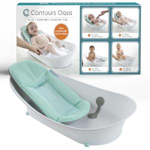 Contours Oasis 4-in-1 Baby Bathtub, Infant Bath Seat, Newborn Toddler Support, Portable, Quick-Dry Mesh Pad, Grow-with-Me, Comfortable, Cleanable, Compact, Non-Slip Base, Blue and White, 0-24 Months