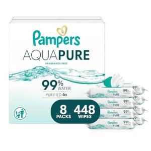 Pampers Aqua Pure Baby Wipes, 99% Water, Fragrance Free, 448 Baby Wipes Total (8X Flip-Top Packs) [Packaging May Vary]