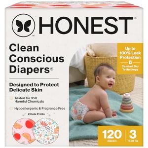 The Honest Company Comfort Dry Diapers, Hypoallergenic, Fragrance-Free, Sensitive Skin, Just Peachy + Flower Power, Super Club Box Size 3 (16–28 lbs), 120 Count