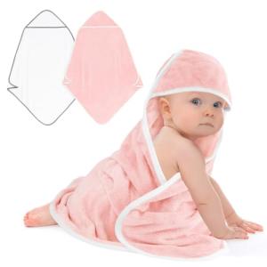 UNIMADE Hooded Towel for Newborn, 2 Pack Soft Coral Fleece Baby Towels, Ultra Absorbent Bath Cloths Bulk for Infants, Toddlers, Newborn Essential- 30 x 30 inch - Pink & White